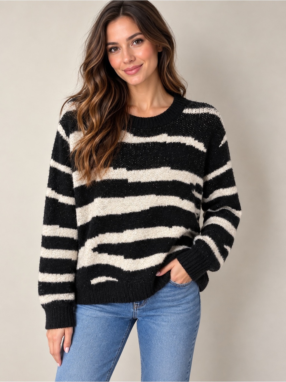 Philosophy Black /Snow Globe Heather Striped Crewneck Sweater Size XL NWT Womens
